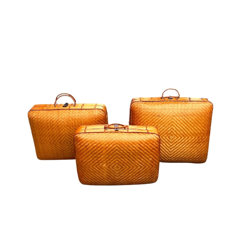 Set Of 3 Vintage‎ Plaited 1960's Bamboo Basket Weave Travel Suitcase